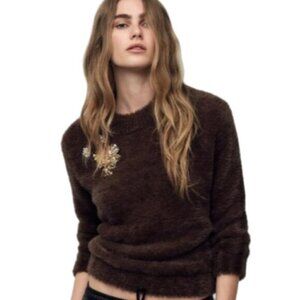 NWT Zara Faux Fur Knit Sweater w/ Brooches Brown Soft Size Medium